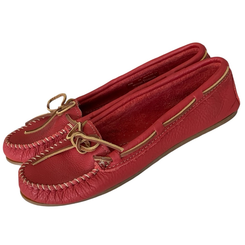 Minnetonka Red Soft Leather Moccasins Loafers Women’s Sz 10 Tan Leather Laces - Picture 4 of 10